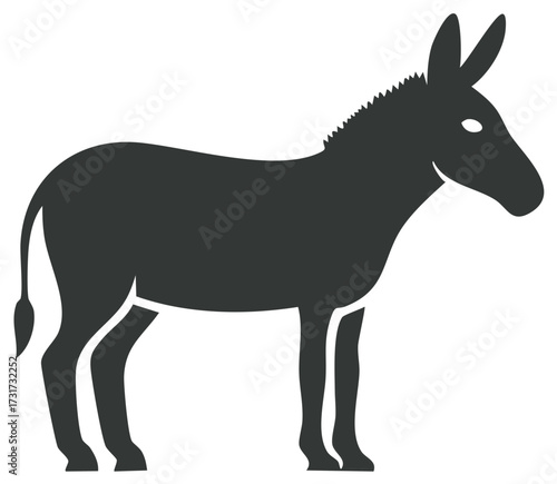 A dark gray silhouette of a donkey standing profile view with its ears pointed upwards
