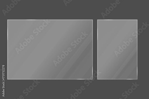 Flat transparent glass plates and glossy banners set. Realistic screen glare, window mockup, clear acrylic frames with shine. Vector illustration of plexiglas elements.