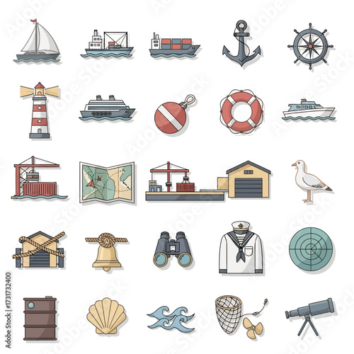 Nautical themed icon set featuring boats, ships, lighthouse, sailor uniform, and sea navigation equipment for maritime design projects and ocean adventures
