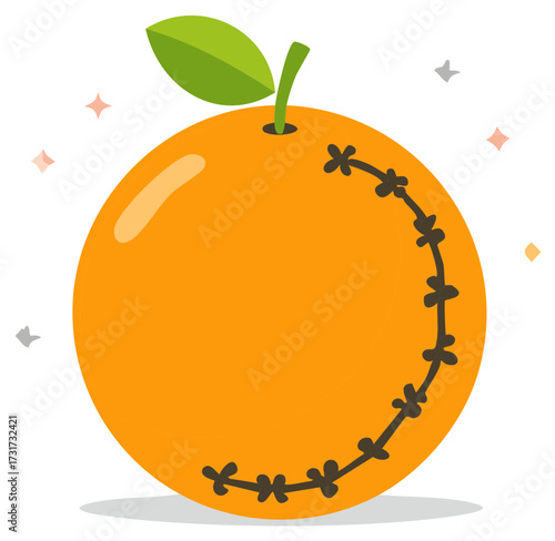 Orange fruit with stitch pattern and green leaf, cartoon style