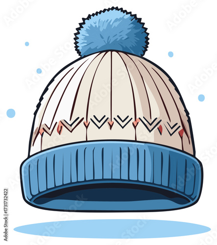 Winter hat illustration with blue pompom and brim, cartoon graphic