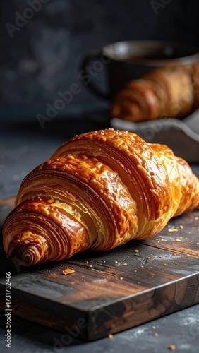 Golden croissant on rustic wooden board, coffee cup out of focus