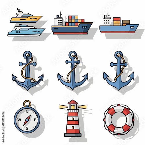 Modern nautical icons including yachts, cargo ships, anchors, compass, lighthouse, and lifebuoy for maritime themes
