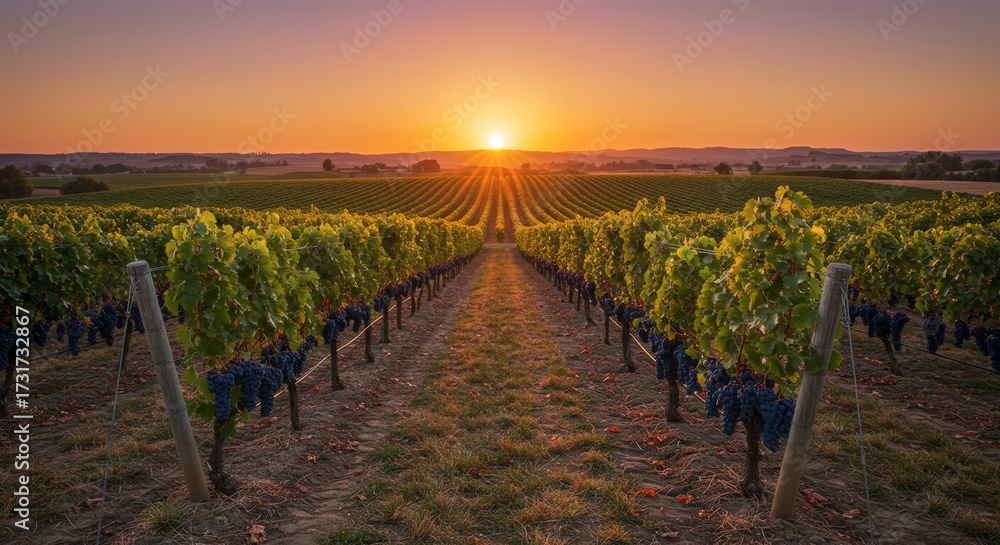 Fototapeta premium Vineyard rows at sunset with rows of grape vines and golden sunlight over the fields during the harvest season