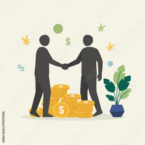 Modern flat vector illustration of two simplified character silhouettes shaking hands over a large pile of gold coins