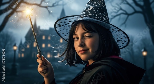 Halloween magic! A young witch casts a spell with her wand, perfect for spooky season designs, children's books, and fantasy themes. Celebratory, enchanting. 