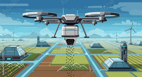 Agricultural drone spraying seeds over a modern farm field.