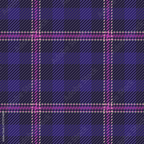 Realistic textile tartan texture, asymmetric fabric pattern vector. Ireland background plaid check seamless in indigo and pastel colors.