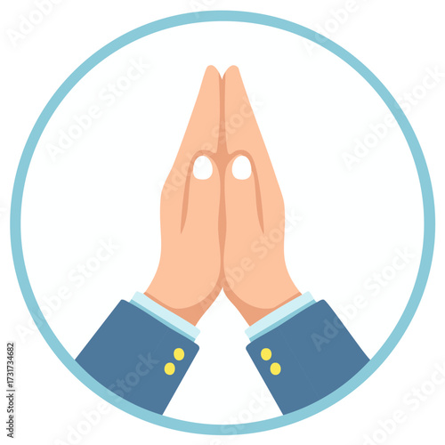 Hands together in prayer or greeting gesture within a simple circular frame.