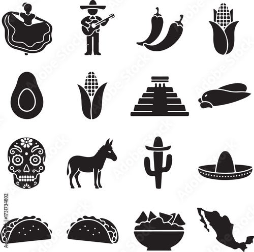 Mexico Icons: A striking monochrome collection of iconic Mexican symbols, showcasing the vibrancy of its culture, including sombrero, mariachi, chili peppers, taco, skull, architecture, cactus, corn.