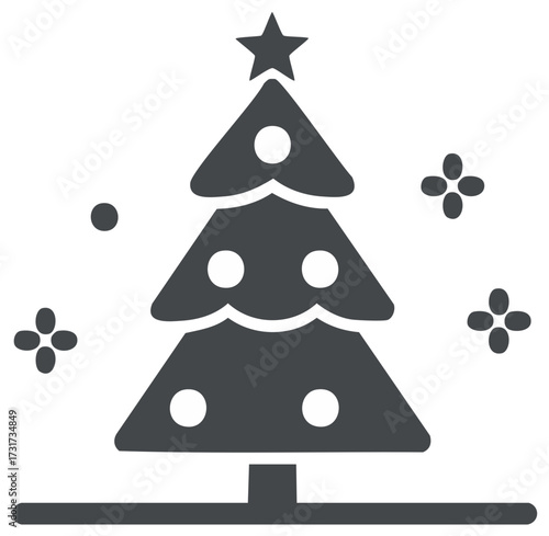 Stylized Christmas Tree Icon with Star, Ornaments and Snowflakes for Holiday Season