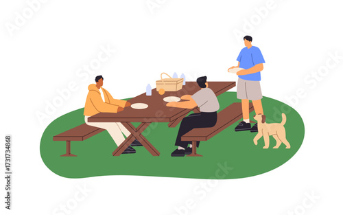 Happy people have a picnic at the table in park in summer. Friends prepare for eating outdoors. Characters with food, drinks relax in nature. Flat isolated vector illustration on white background