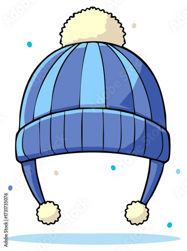 Blue winter hat with a pom pom, cartoon illustration.