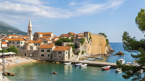 Wallpaper Mural Scenic view of a historic coastal town with orangeroofed buildings  a fortified wall overlooking a turquoise bay Torontodigital.ca