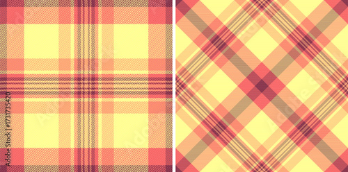 Background texture fabric of check seamless plaid with a pattern vector tartan textile. Set in sunset colors. Messy stripe patterns in clothing.