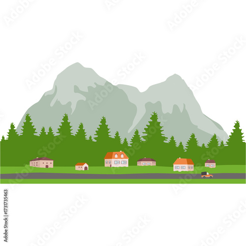 A picturesque village nestled at the foot of majestic mountains, surrounded by a dense forest.