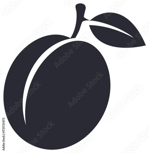 Minimalist Plum Silhouette with Leaf, Simple Fruit Illustration, Dark Vector Icon