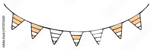 Decorative flag bunting with orange and white triangles, vector illustration, doodle style
