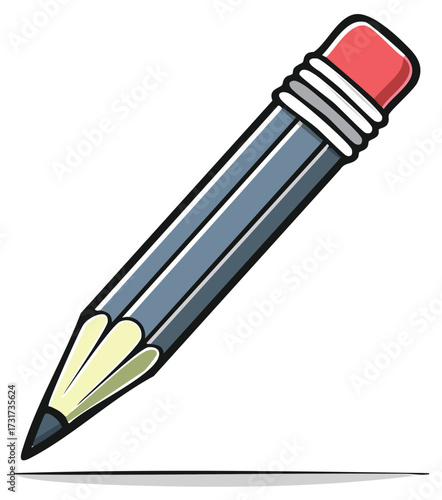 Pencil illustration with eraser tip for writing, drafting, drawing and sketching tasks in schools or art studios.