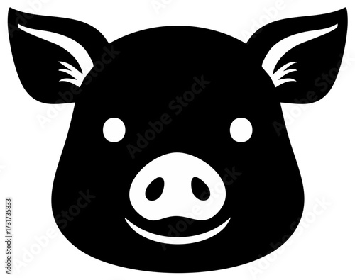 Stylized Black Pig Face with Friendly Smile and White Accents