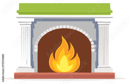Classic Stone Fireplace with Vibrant Blazing Fire and Green Mantelpiece Illustration