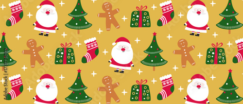 Christmas seamless pattern with Santa Claus, gingerbread man, gift, stocking and tree. Holiday wrapping paper concept.