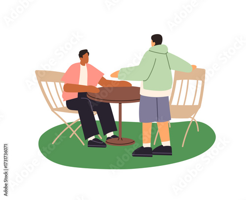 Happy friends are meeting at the picnic table in nature. People sit on chairs outdoors in summer. Characters relax together in street cafe. Flat isolated vector illustration on white background