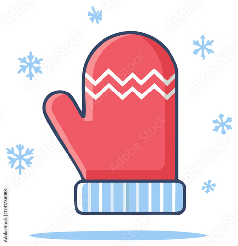 Red knitted winter mitten with snowflake decoration and blue striped cuff