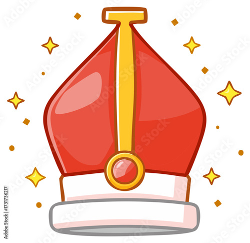 Whimsical red mitre illustration with gold accents and radiant stars, set against a clean background.
