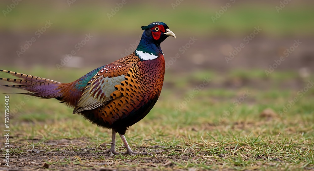 Fototapeta premium Vibrant pheasant displaying colorful plumage on grassy ground outdoors