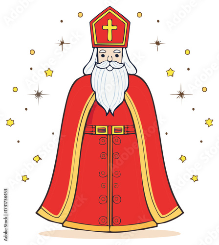 Traditional European saint character with long white beard wearing red bishop attire