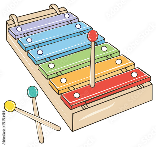 Cartoon Xylophone with Colorful Bars and Mallets for Musical Education