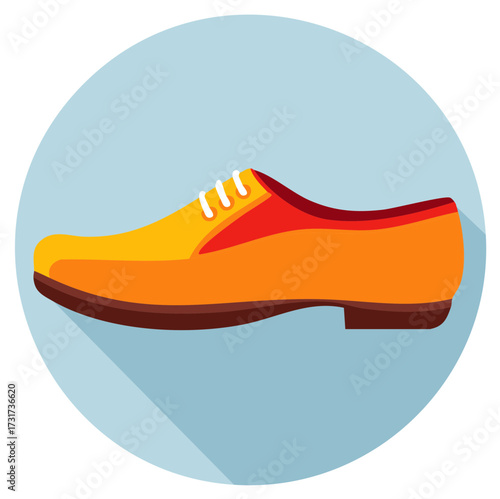 Vibrant colorful men's dress shoe icon with long shadow in modern flat design.