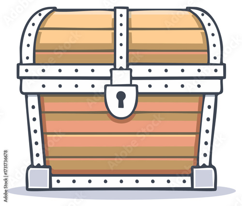 Cartoon Illustration of a Wooden Treasure Chest with Metal Brackets and Lock
