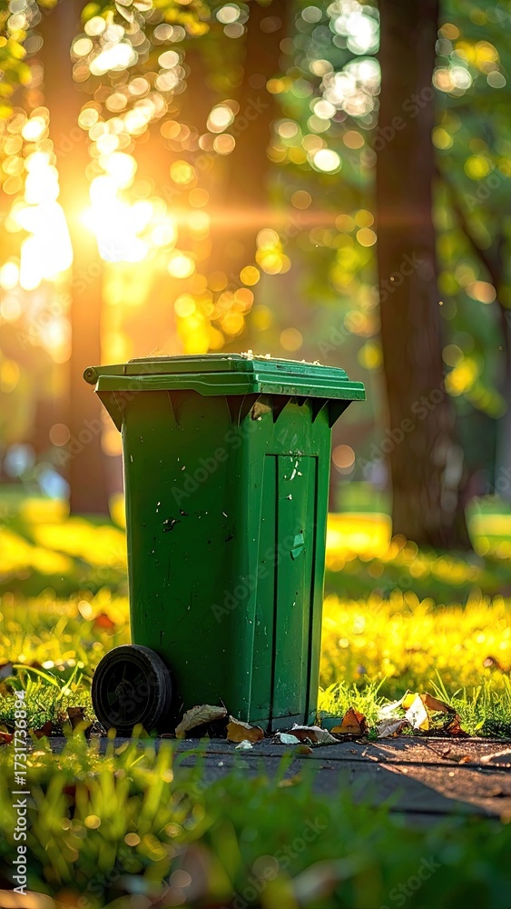 Fototapeta premium Green Trashcan Under Sunlight in Park with Bokeh Background