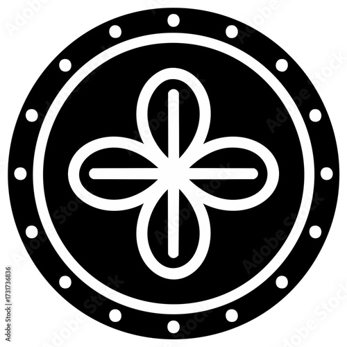 Shield emblem of four petals in black and white with circular rim and studs, decorative graphic illustration