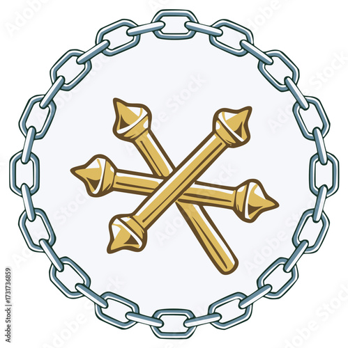 Three Golden Maces Crossed Inside Silver Chain Circle Emblem Design Illustration