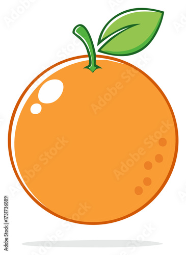 Cartoon orange fruit with stem and leaf, healthy citrus food illustration.