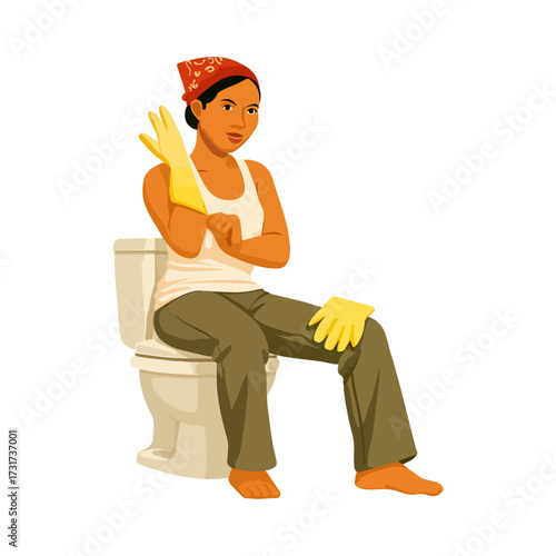 Female Cleaner Putting on Gloves While Sitting on Toilet