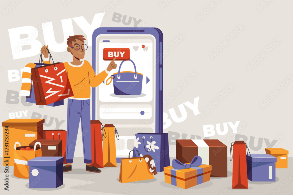 Obraz premium Flat Hand Drawn Consumerism Background with Shopping Bags, Boxes, and Sale Elements