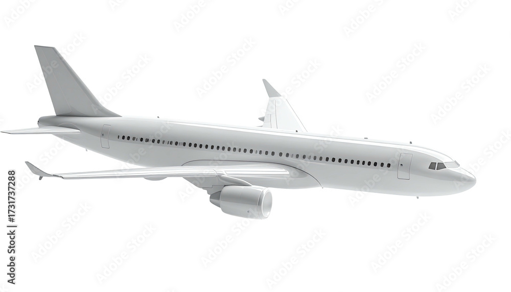 Fototapeta premium A white passenger jet, side profile, wings, tail fin, and fuselage detailed on black