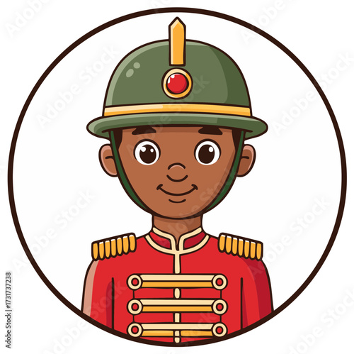 Cartoon Toy Soldier with Helmet and Red Jacket in Circle
