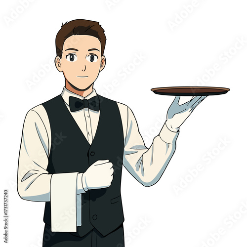 Professional Anime Waiter Holding a Serving Tray
