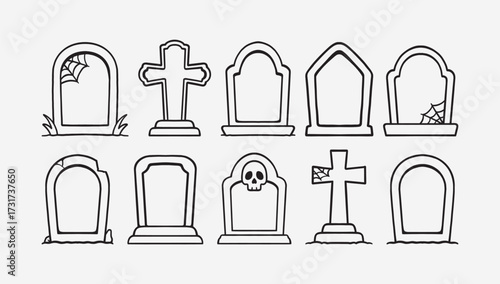 Gravestone halloween outline icon pack with skulls, cracks, and cobweb detail. Headstones horror themed doodle set for merchandise. Tombstone, Cemetery stone, Burial marker. Vector Illustration