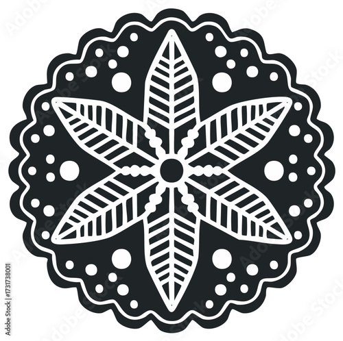 Decorative floral mandala design with stylized flower in black and white