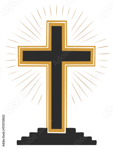 Christian Cross Symbol Radiating Divine Light Rising from Steps of Faith Minimalist Graphic