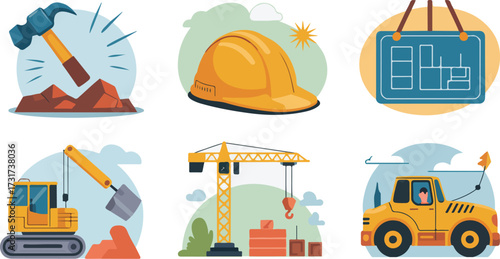 Construction tools and equipment with safety gear and machinery