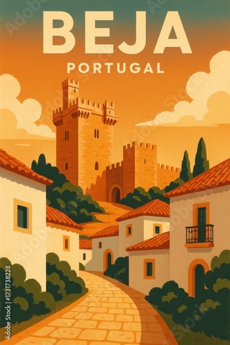 Wallpaper Mural Beja travel poster featuring medieval castle towers rising above a quaint village path with white houses and red tiled roofs surrounded by cypress trees and shrubs Torontodigital.ca
