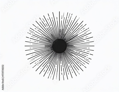 Abstract circular graphic with radiating black lines emanating from a dark center