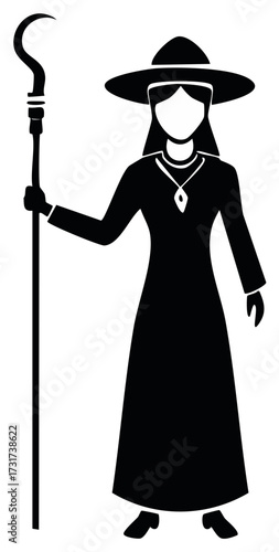 Stylized Silhouette of Woman with Crook and Hat in Black and White, Fantasy Figure Illustration